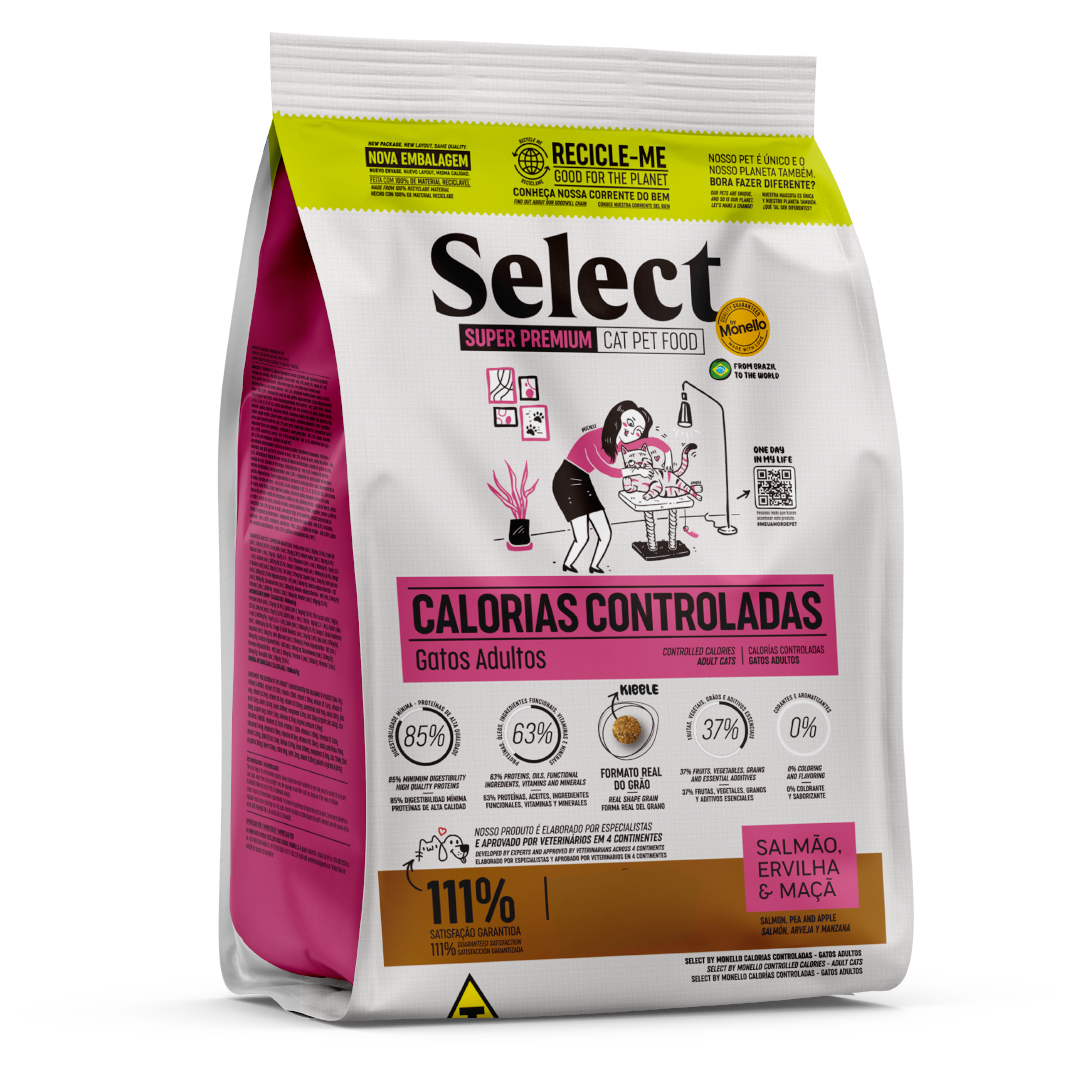 Alimento Select by Monello para Gatos Adultos Calorías Controladas sabor Salmón, arveja y manzana 1,5 Kg
