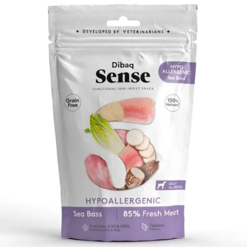 Snack semi húmedo Dibaq Sense funcional "Hipoalergénico" para perros sabor Lubina 100 g