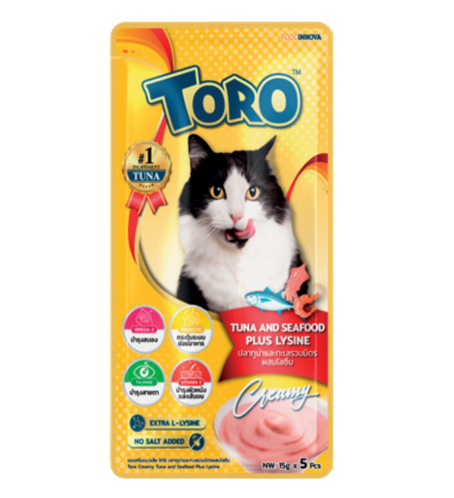 Caja de Snack Toro Creamy Atún, Frutos del Mar y Lisina (5gx5x12)
